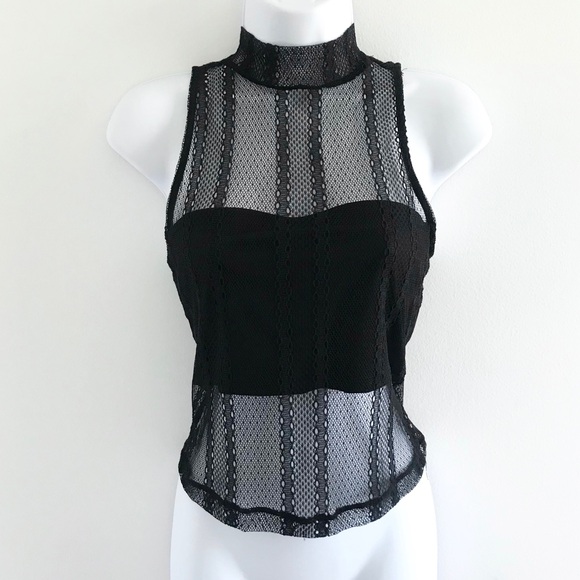 Dynamite Lace Sheer Choker Mock Neck Black Sleeveless Top with Camisole Tube Top - Picture 1 of 16